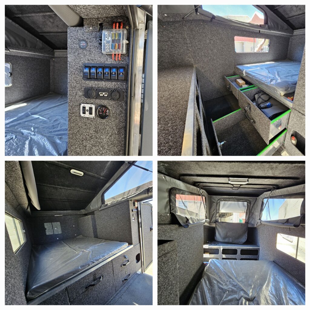 Inside the Lunar: fusebox and switch panel, double bed, drawers beneath the bed, and mosquito-netted windows in the pop-up roof