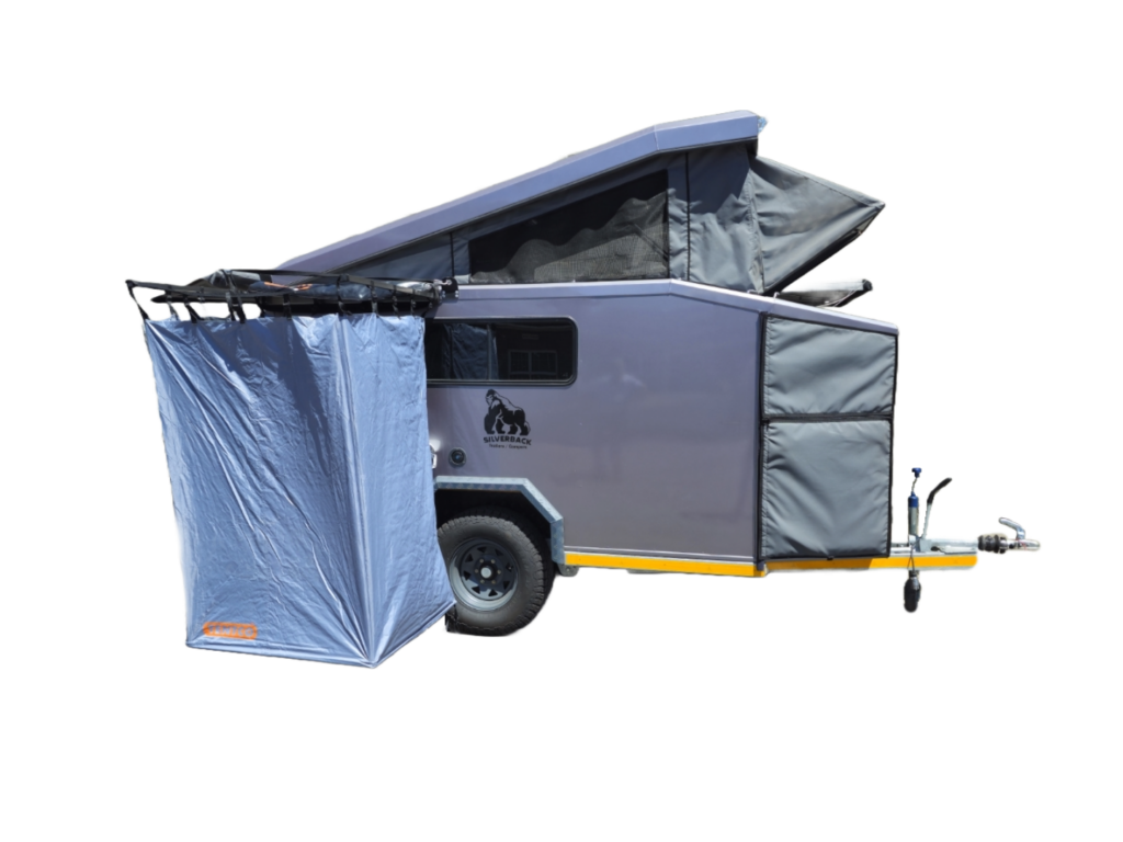 Lunar camper from the left with the shower cubicle set up alongside