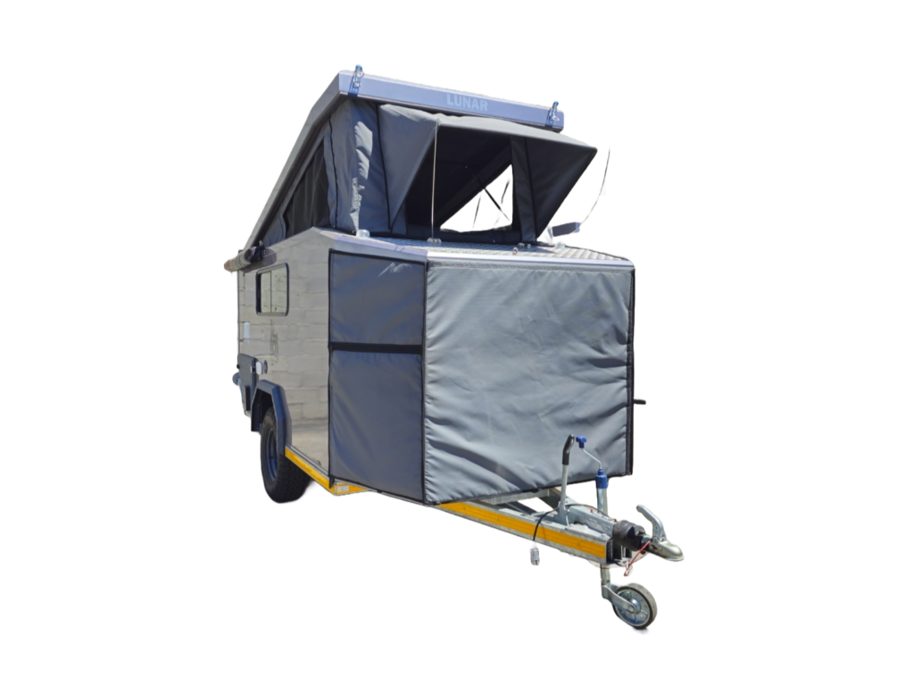 Front of the Lunar camper with the pop-up roof raised, jockey wheel and tow hitch